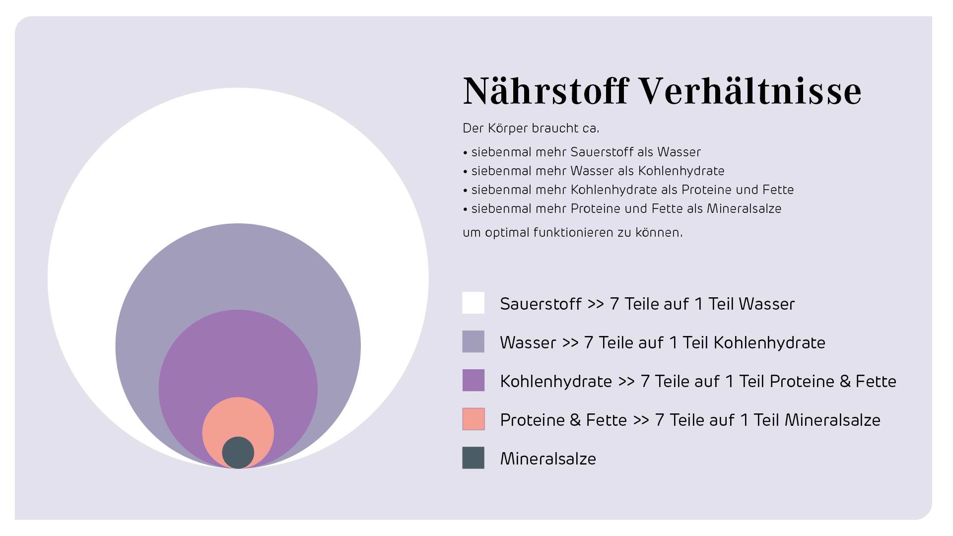 Nährstoffverhältnisse von Wasser, Kohlenhydraten, Proteinen und Fetten in einer Illustration erklärt.