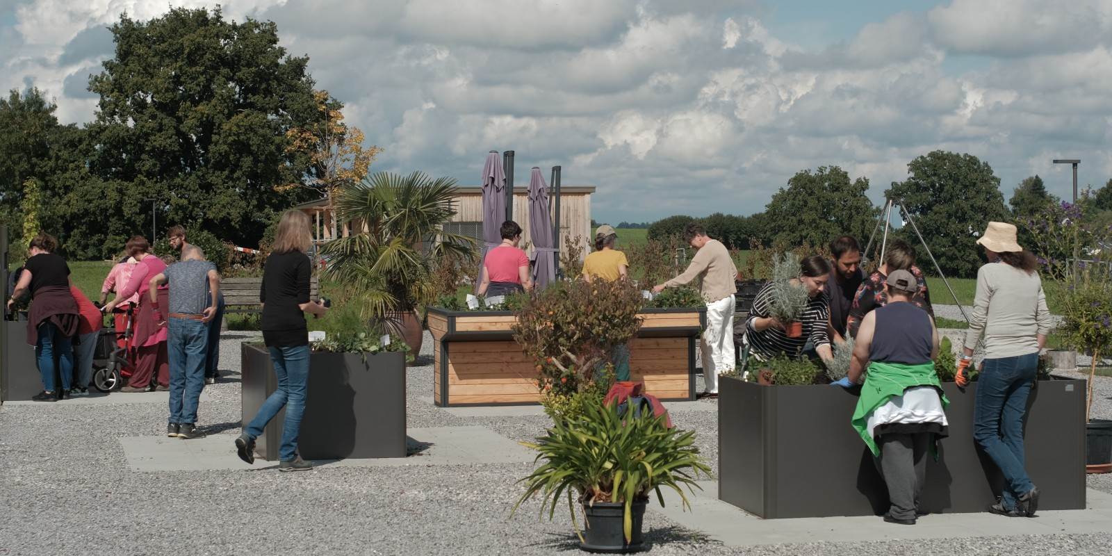 Leute pflanzen Hochbeete an