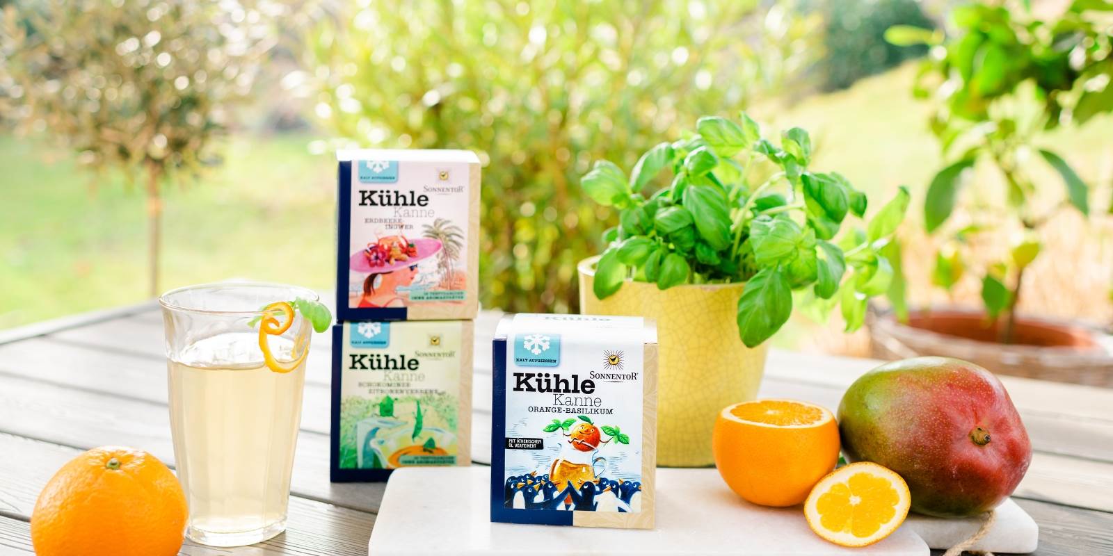 Sonnentor Tees auf Tisch mit Früchten